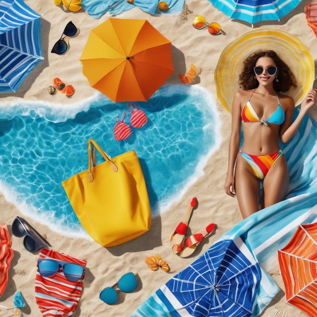 A vibrant beach scene featuring a diverse group of stylish individuals wearing the latest summer swimwear and beachwear trends. Add colorful umbrellas, sunbathers lounging on beach towels, and a picturesque ocean backdrop with clear blue skies. Emphasize the variety of swimwear styles, including bikinis, one-pieces, and beach cover-ups, to showcase the trend. Create a fun, lively atmosphere with beach accessories like sunglasses and beach bags. super-realistic. vibrant colors. 3D.