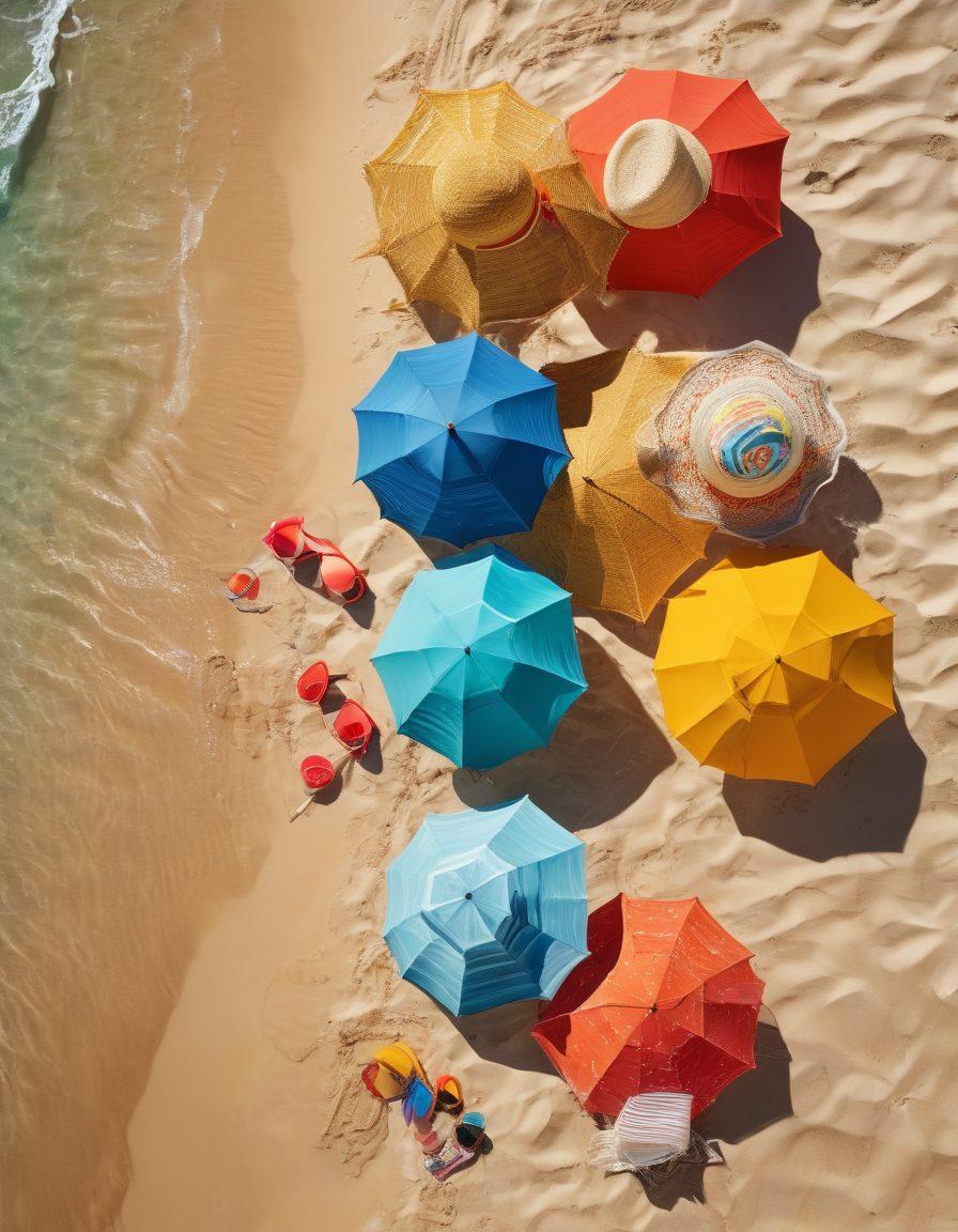 A vibrant beach scene showcasing diverse individuals of all body types confidently wearing stylish beachwear, with colorful umbrellas and a clear blue ocean in the background. Soft golden sand, splashes of waves, and playful beach accessories like hats and sunglasses create a lively atmosphere. The sunlight casts warm tones, highlighting the essence of ocean vibes. tropical and breezy feel. super-realistic. vibrant colors.
